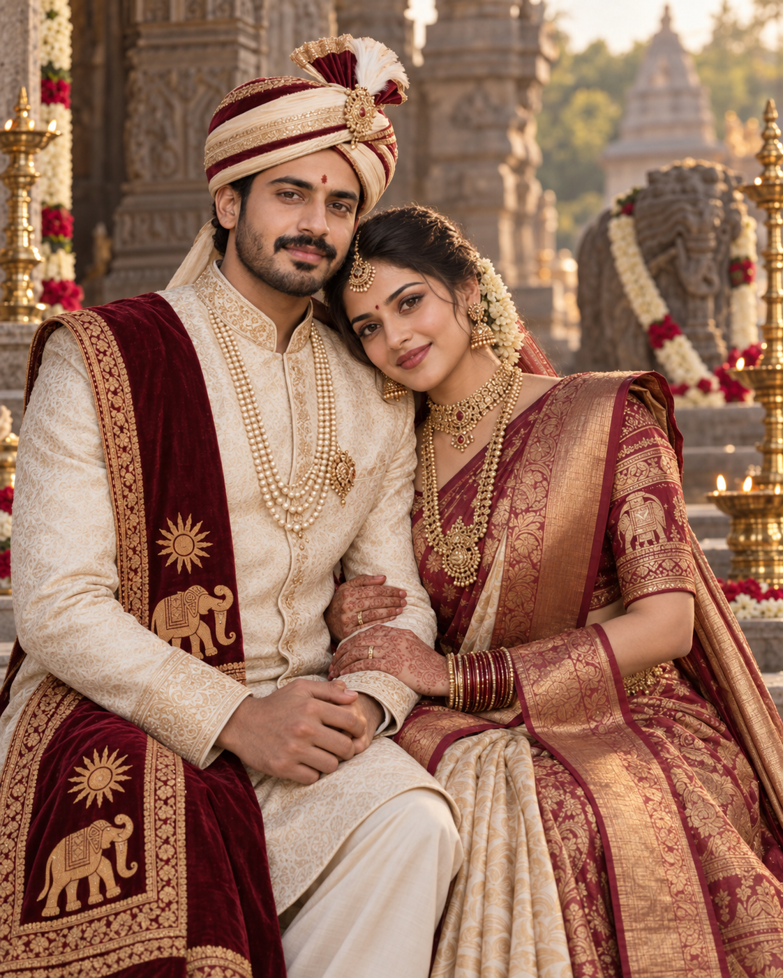 A married couple on the temple steps